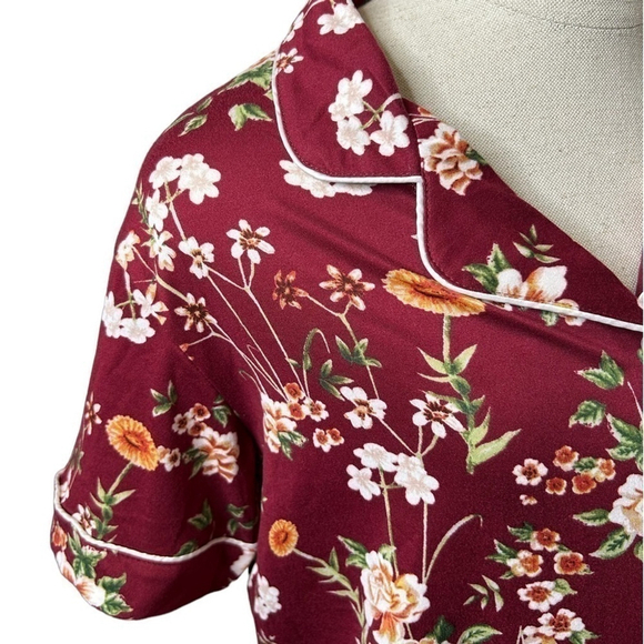 Flora Nikrooz Maroon Floral Short Sleeve Button Down Pajama Sleep Top Small - Picture 8 of 10
